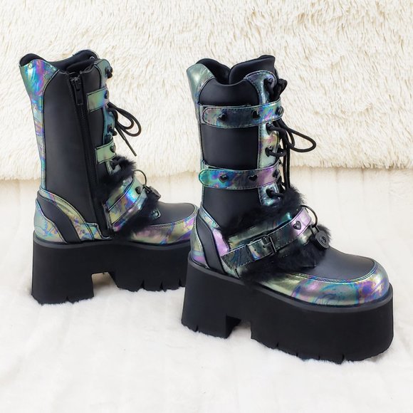 Ash Goth Punk Furry Mid Calf Platform Boots - Picture 5 of 15